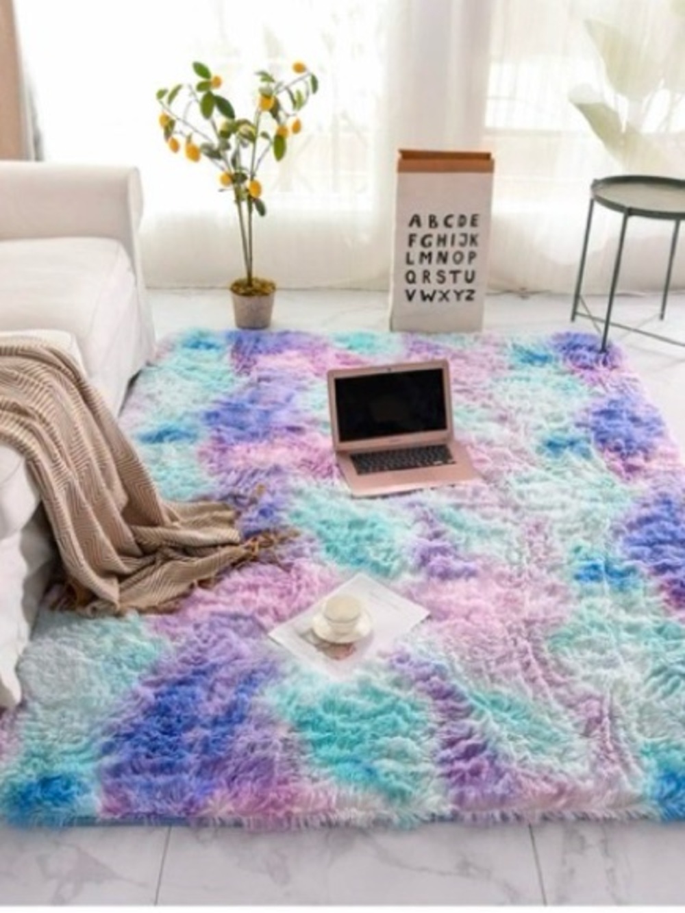 Pastel Teal,Pink & Purple Fuzzy Area Rug. Sz 5X7 ft
